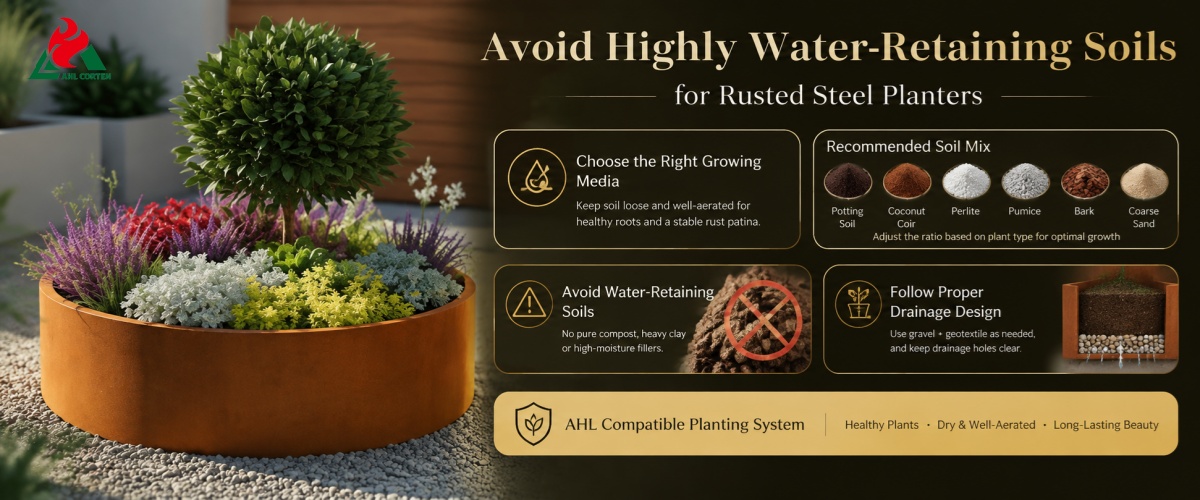 Avoid Highly Water-Retaining Soils for Rusted Steel Planters